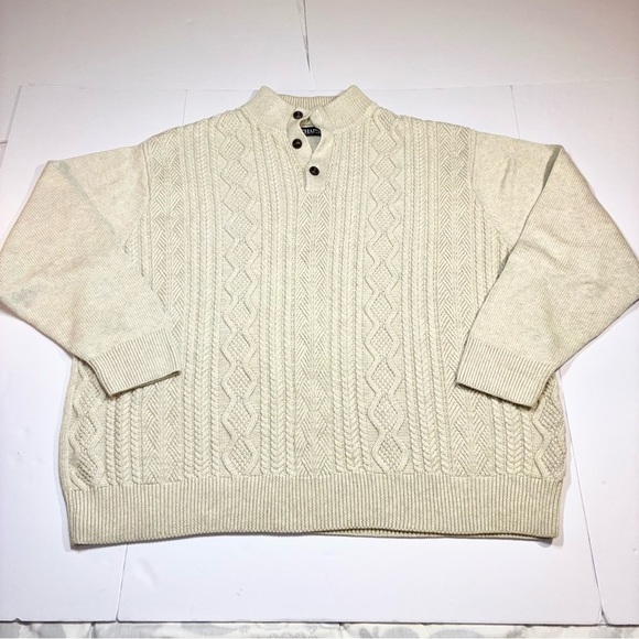 Chaps Sweater Mens 4XB Oatmeal Beige Cable Knit Cotton Mock Neck Buttons - Picture 1 of 8